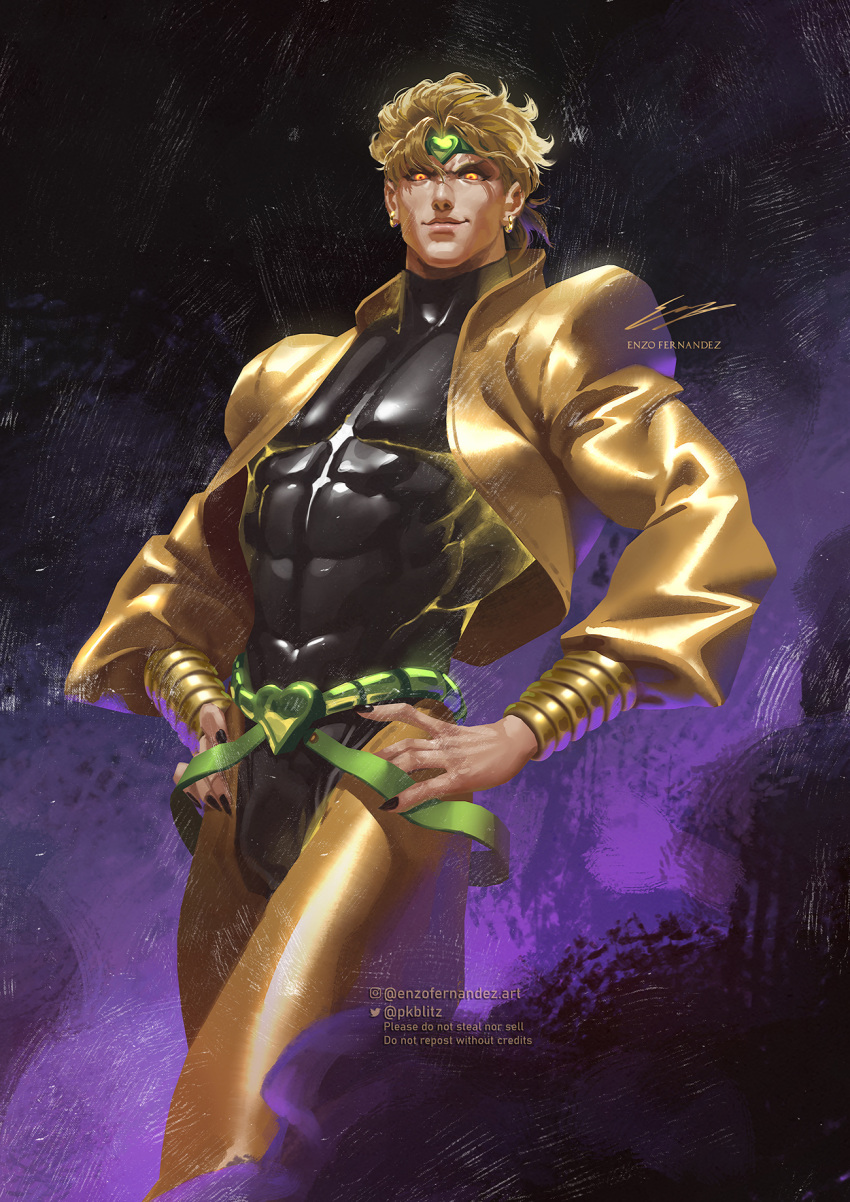 1boy, black_nails, dio_brando, earrings, english_commentary, enzo_fernandez, glowing, glowing_eyes, green_headband, hands_on_hips, headband, heart, highres, jewelry, jojo_no_kimyou_na_bouken, lips, male_focus, muscular, muscular_male, smile, solo, stardust_crusaders, yellow_eyes