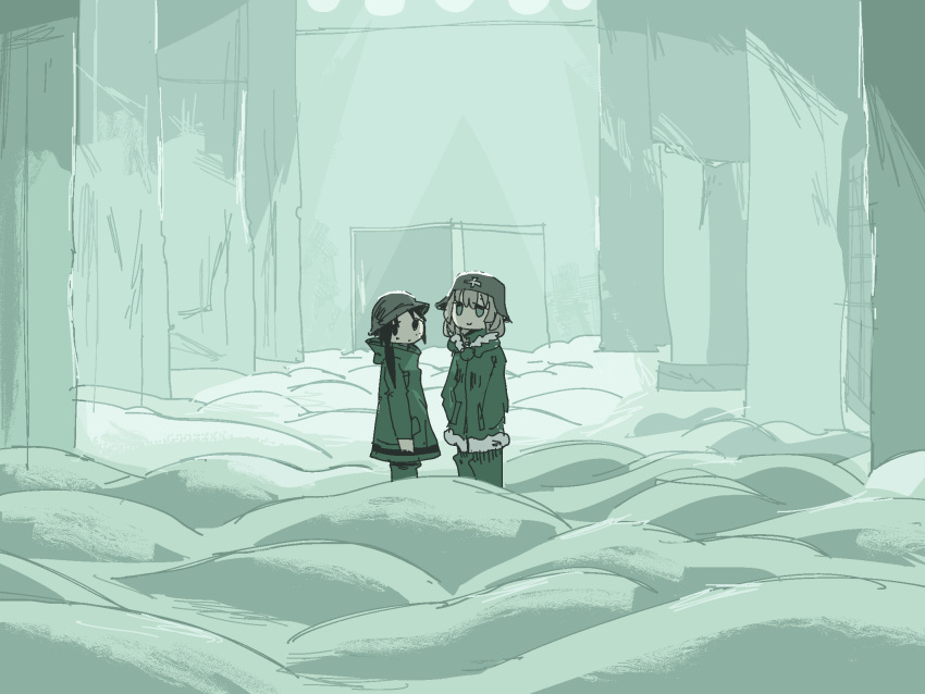 2girls, black_hair, blonde_hair, chito_(shoujo_shuumatsu_ryokou), coat, derivative_work, fur_trim, green_coat