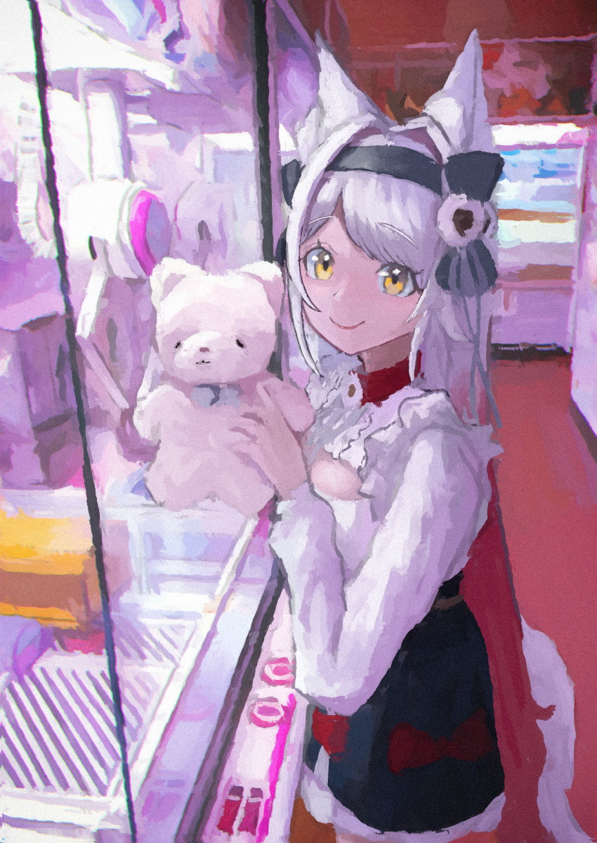 1girl, absurdres, animal_ear_fluff, animal_ears, bangs, black_bow, black_hairband, black_skirt