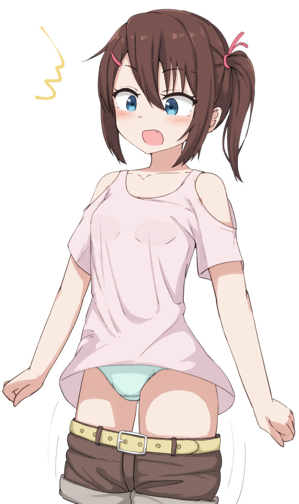 1girl, ^^^, bangs, bare_shoulders, belt_buckle, blue_eyes, blush, breasts, brown_hair, brown_shorts, buckle, clothes_pull, clothing_cutout, eyebrows_visible_through_hair, fang, green_panties, hair_between_eyes, hair_ornament, hairclip, highres, hippo_(hirople), looking_away, looking_down, open_mouth, original, panties, pink_shirt, shirt, short_shorts, short_sleeves, shorts, shorts_pull, shoulder_cutout, side_ponytail, sidelocks, simple_background, small_breasts, solo, underwear, wardrobe_malfunction, white_background, yellow_belt