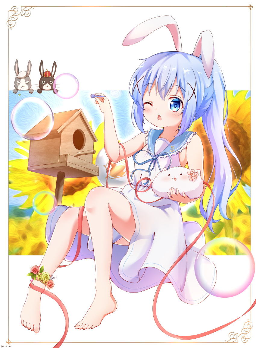 1girl, absurdres, angora_rabbit, animal_ears, anko_(gochiusa), bare_legs, barefoot, blue_eyes