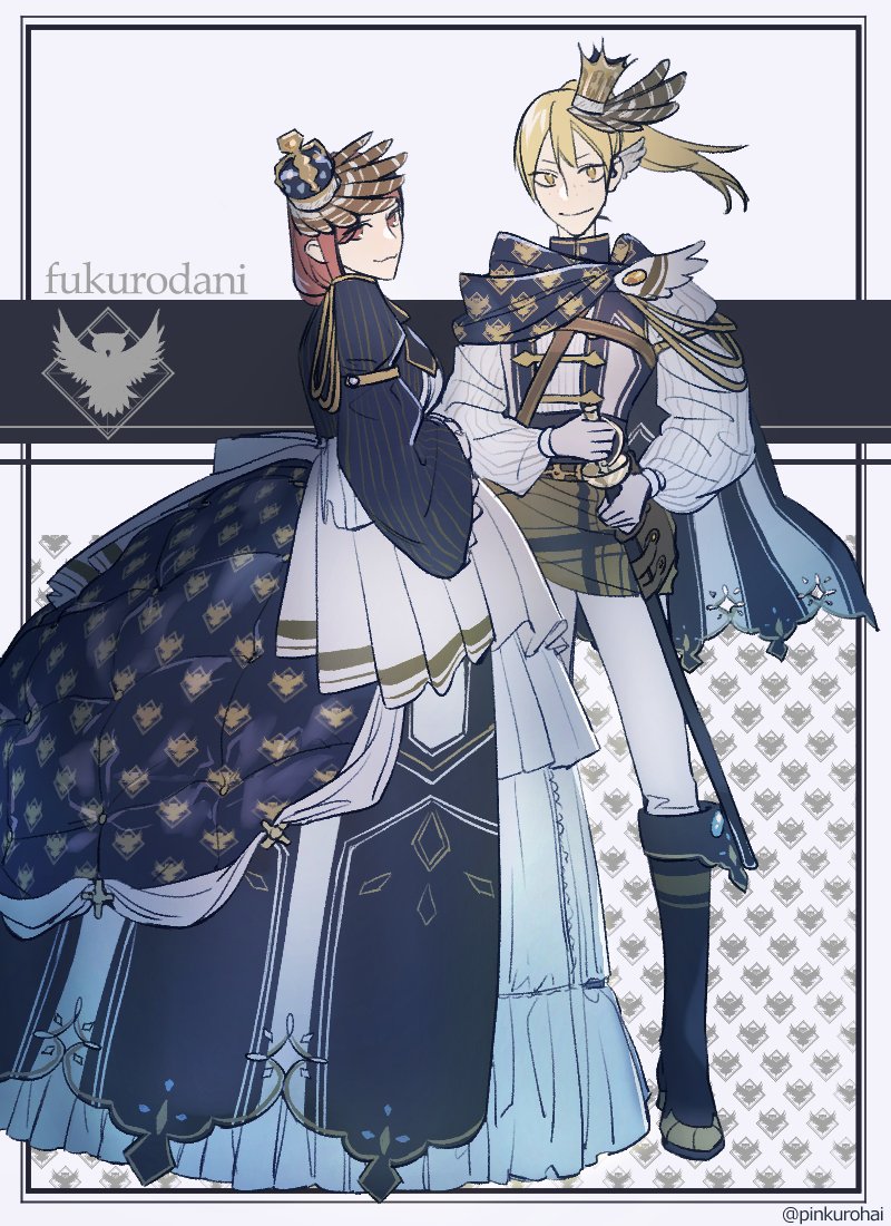 2girls, :3, alternate_costume, blonde_hair, blue_dress, boots, closed_mouth, crown