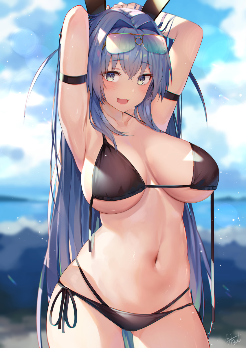 1girl, absurdres, animal_ears, armband, armpits, arms_behind_head, arms_up, azur_lane