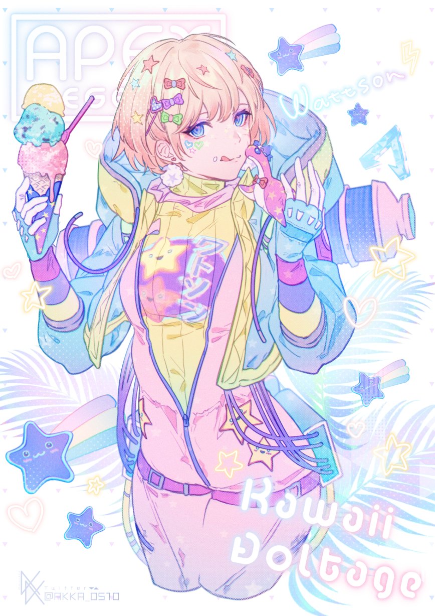 1girl, apex_legends, backpack, bag, bangs, blue_eyes, blue_gloves, blue_jacket, bodysuit, bow, breasts, character_name, cropped_legs, eyebrows_behind_hair, food, gloves, green_bow, hair_behind_ear, hair_bow, highres, holding, holding_food, holding_stuffed_toy, hood, hooded_jacket, ice_cream, ice_cream_cone, jacket, kawaii_voltage_wattson, looking_at_viewer, mizutama_(mao11260510), open_hand, pink_bodysuit, purple_bow, rainbow, red_bow, ribbed_sweater, small_breasts, solo, spoon, star_(symbol), stuffed_toy, sweater, wattson_(apex_legends), yellow_sweater