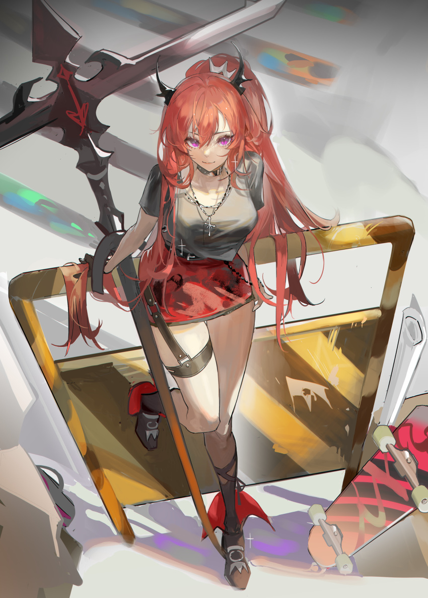 1girl, arknights, bangs, bare_legs, black_shirt, hair_between_eyes, highres, horns