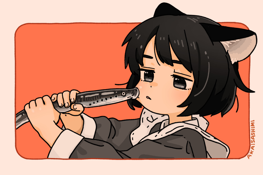 1girl, akai_sashimi, animal, animal_ears, bangs, black_eyes, black_hair, border