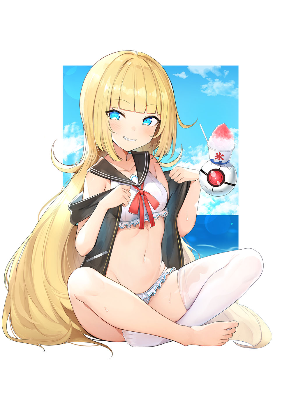 1girl, bangs, barefoot, bikini, blonde_hair, blue_eyes, blue_sky, blunt_bangs, blurry, bokeh, breasts, character_request, day, depth_of_field, eyebrows_visible_through_hair, frilled_bikini, frills, grin, highres, indian_style, long_hair, looking_at_viewer, luse_maonang, marie_fou_lovan, navel, official_art, otome_gee_sekai_wa_mob_ni_kibishii_sekai_desu, outdoors, outside_border, sailor_collar, shaved_ice, sidelocks, simple_background, single_thighhigh, sitting, sky, small_breasts, smile, solo, sweat, swimsuit, thigh-highs, very_long_hair, white_background, white_legwear