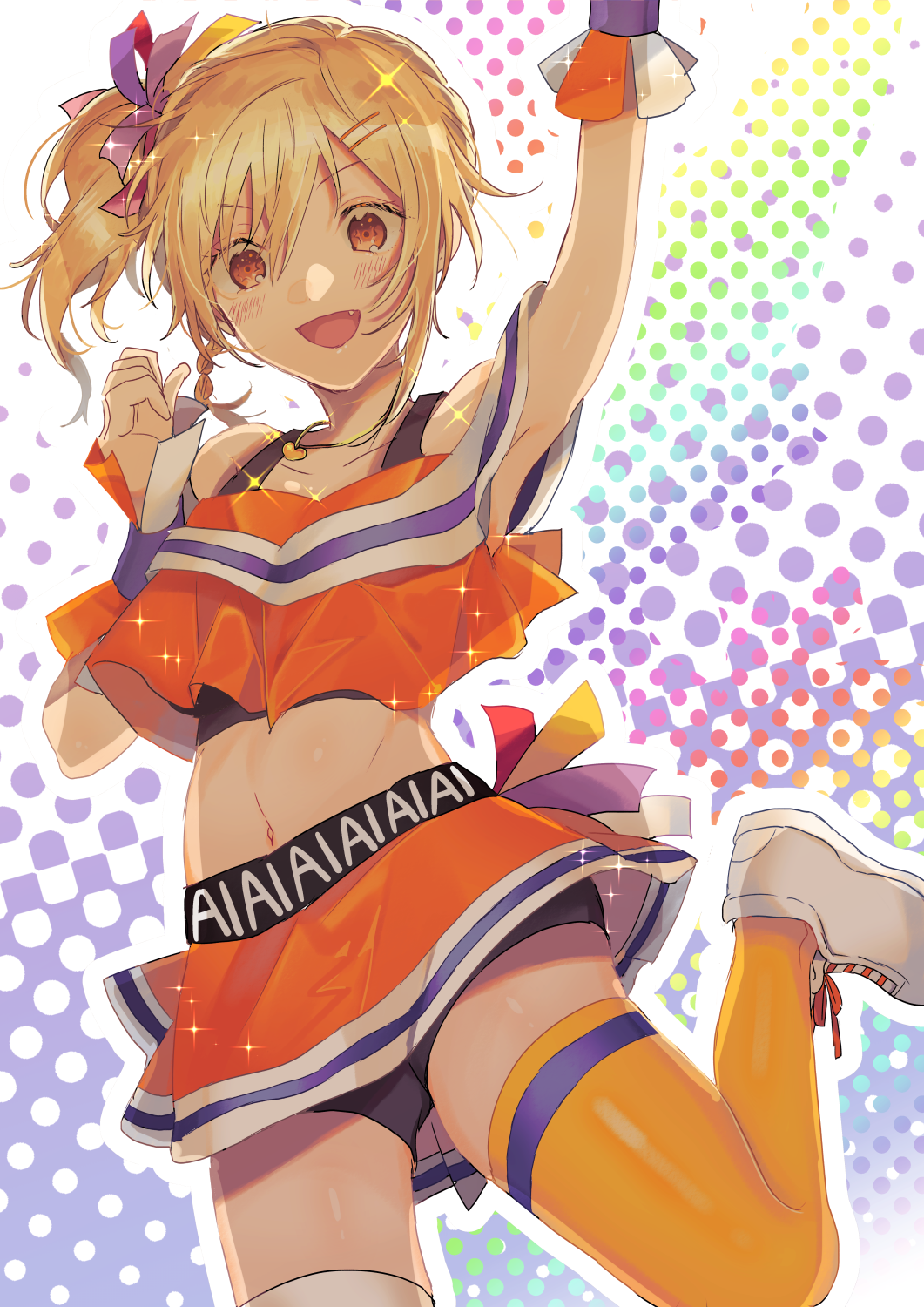 amana_raika, asymmetrical_legwear, back_bow, bangs, belt, bike_shorts, black_belt, blonde_hair, blue_stripes, blush, bow, braid, cheerleader, collarbone, crop_top, french_braid, gyaru, hair_ornament, hair_tie, hairclip, heart, heart_necklace, highres, jewelry, love_live!, love_live!_nijigasaki_high_school_idol_club, medium_hair, midriff, miniskirt, miyashita_ai, navel, off_shoulder, open_mouth, orange_eyes, orange_legwear, orange_skirt, pendant, pom_poms, ponytail, saiko_heart_(love_live!), short_shorts, shorts, side_ponytail, sidelocks, skirt, tank_top, white_footwear, white_legwear, wristband, yellow_eyes