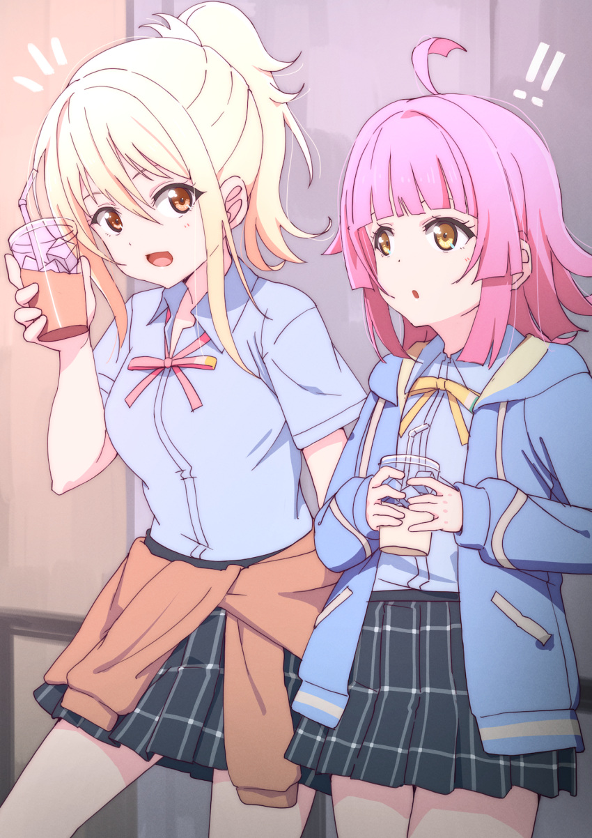 !, !!, 2girls, ahoge, ajapar, bangs, birthday, blonde_hair