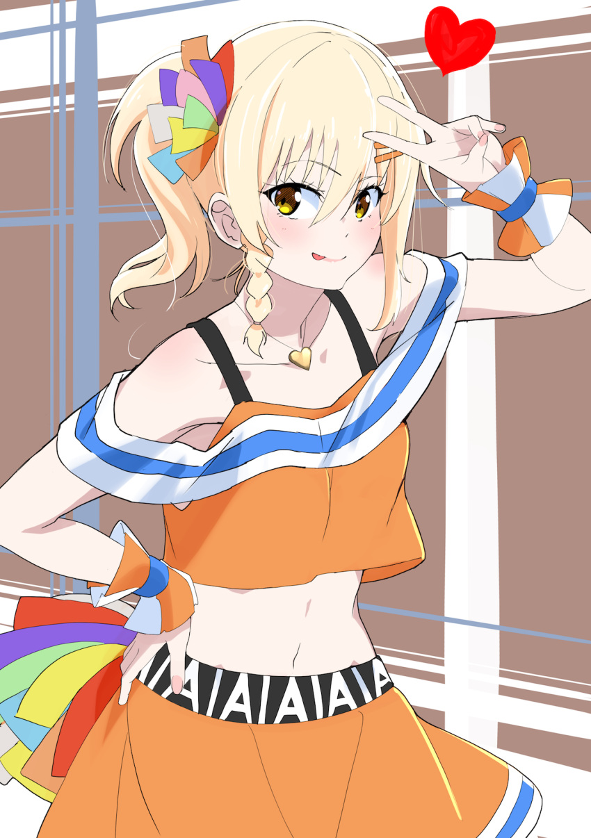 1girl, ;d, ajapar, back_bow, bangs, belt, black_belt, blonde_hair
