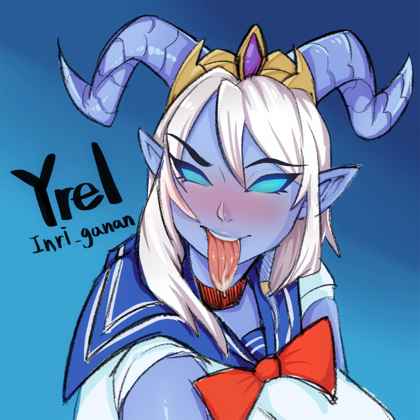 1girl, artist_name, bishoujo_senshi_sailor_moon, blue_eyes, blue_skin, blush, bow, character_name, choker, colored_skin, cosplay, draenei, eyebrows_visible_through_hair, grey_hair, hair_between_eyes, hatching_(texture), highres, horns, inriganan, long_hair, no_pupils, pointy_ears, red_choker, red_neckwear, sailor_moon, sailor_moon_(cosplay), sailor_moon_redraw_challenge, saliva, saliva_trail, solo, teeth, tiara, tongue, tongue_out, upper_body, upper_teeth, warcraft, yrel