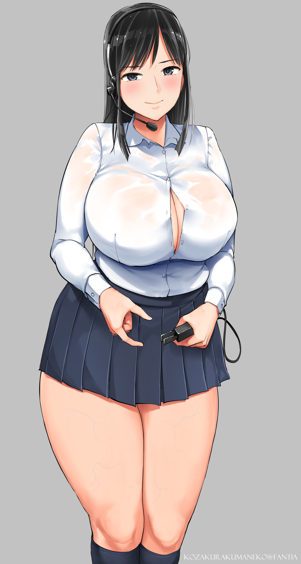 1girl, artist_name, bangs, black_hair, blush, breasts, buttons, closed_mouth