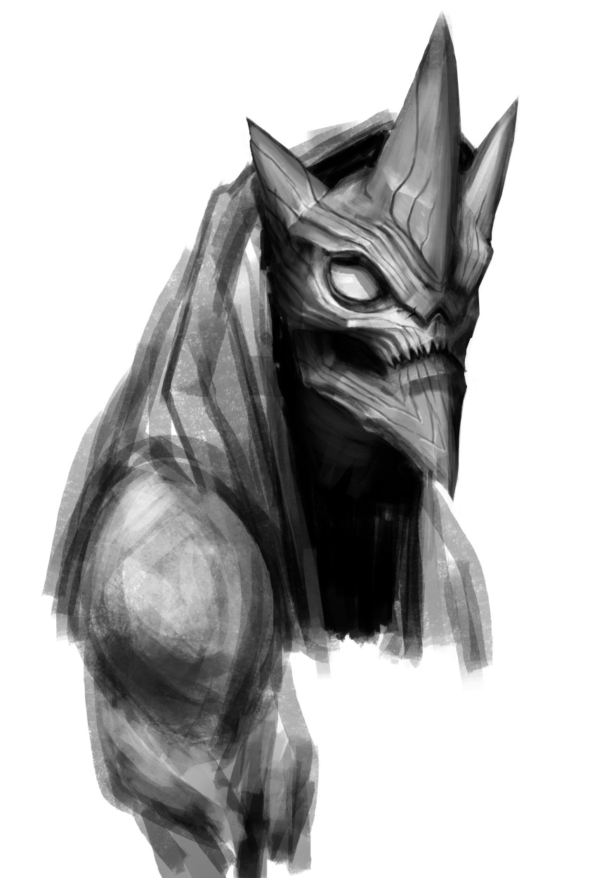 1other, absurdres, alien, bare_shoulders, closed_mouth, face, greyscale, highres