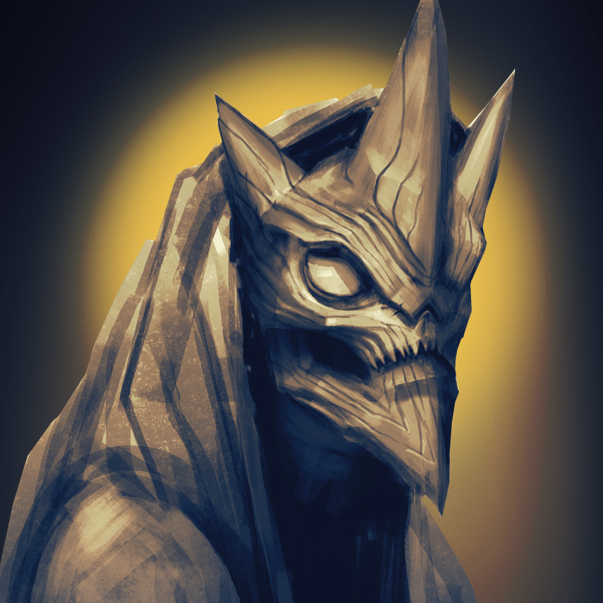 1other, alien, bare_shoulders, closed_mouth, face, highres, hood, hood_up