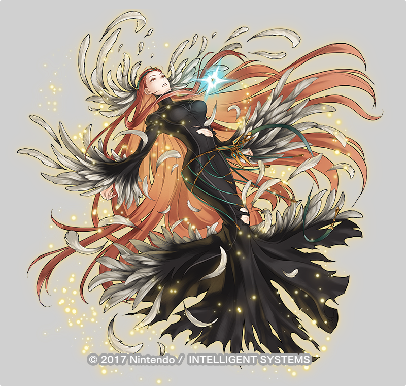 1girl, ashera_(fire_emblem), attack, belly_chain, black_dress, closed_mouth, dress, feather_hair_ornament, feathers, fire_emblem, fire_emblem:_radiant_dawn, fire_emblem_heroes, full_body, hair_ornament, jewelry, kita_senri, long_hair, magic, official_art, outstretched_arms, red_eyes, redhead, torn_clothes