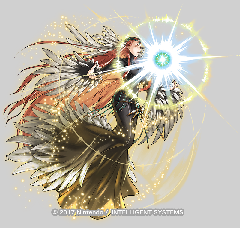 1girl, ashera_(fire_emblem), attack, belly_chain, black_dress, closed_mouth, dress, feather_hair_ornament, feathers, fire_emblem, fire_emblem:_radiant_dawn, fire_emblem_heroes, full_body, hair_ornament, jewelry, kita_senri, long_hair, magic, official_art, outstretched_arms, red_eyes, redhead