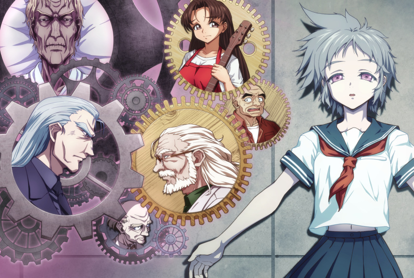 2girls, 5boys, bald, bangs, beard, black_hair, black_skirt, character_request