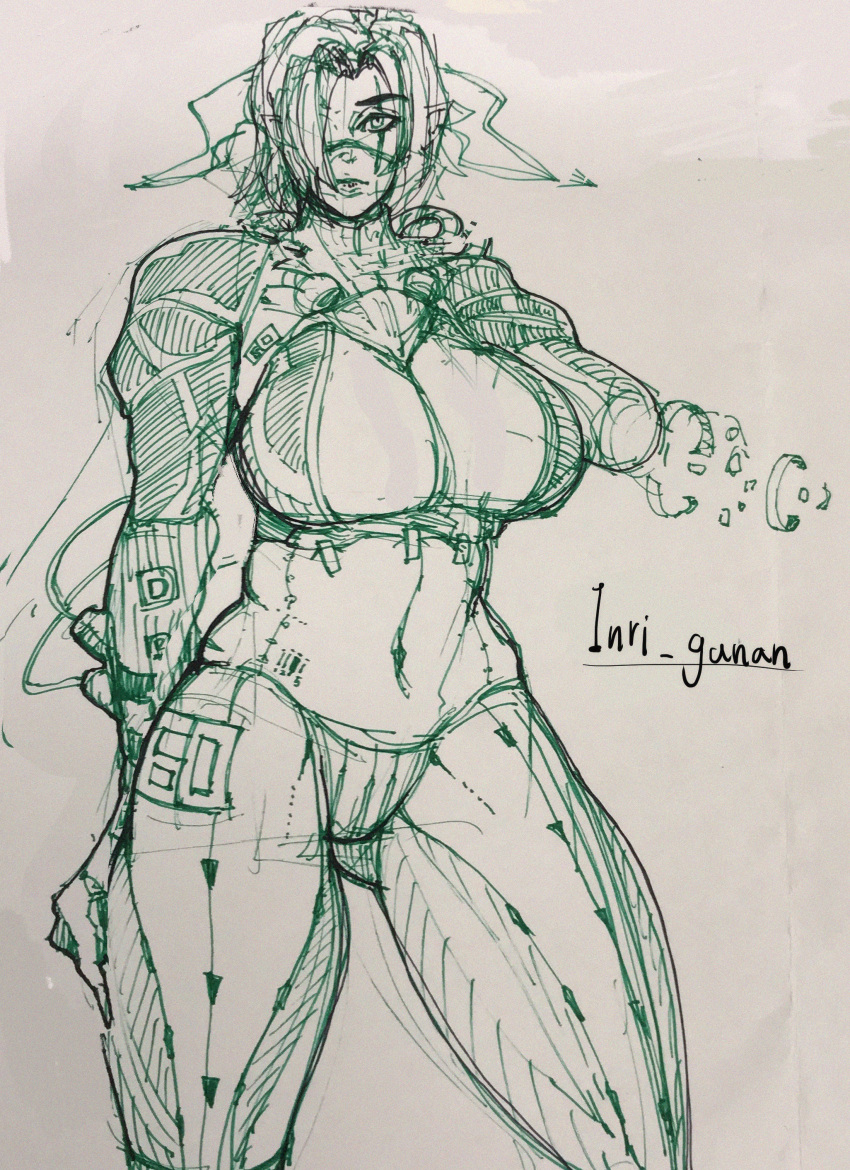 1girl, absurdres, artist_name, barcode, breasts, closed_mouth, cyborg, facial_mark, fingernails, hair_over_one_eye, half-closed_eyes, hatching_(texture), highres, huge_filesize, ink_(medium), inriganan, large_breasts, long_fingernails, looking_at_viewer, navel, number, original, pointy_ears, short_hair, sketch, solo, traditional_media, wire