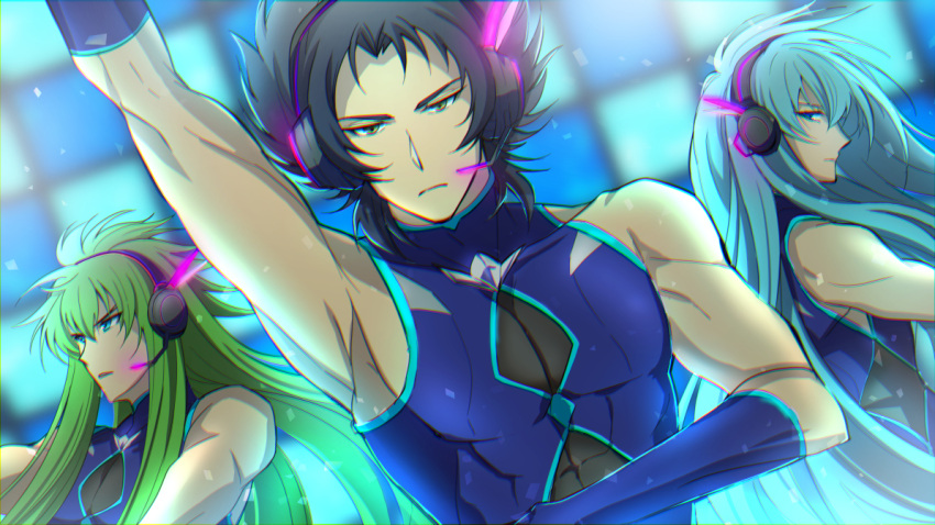 3boys, aquarius_degel, arm_up, bangs, black_hair, blue_eyes, blue_gloves, blue_hair
