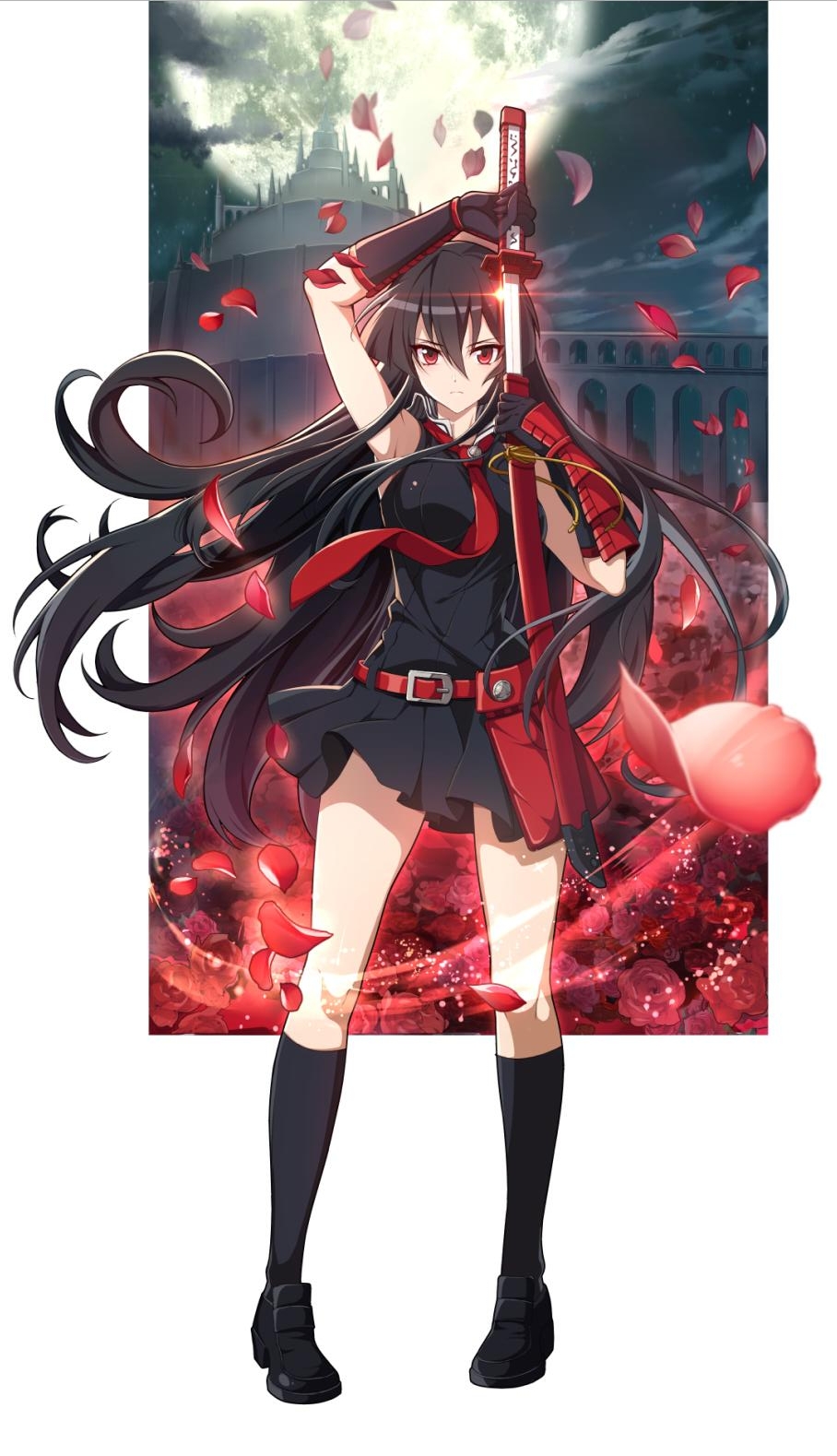 1girl, akame, akame_ga_kill!, bangs, black_dress, black_footwear, black_gloves, black_hair