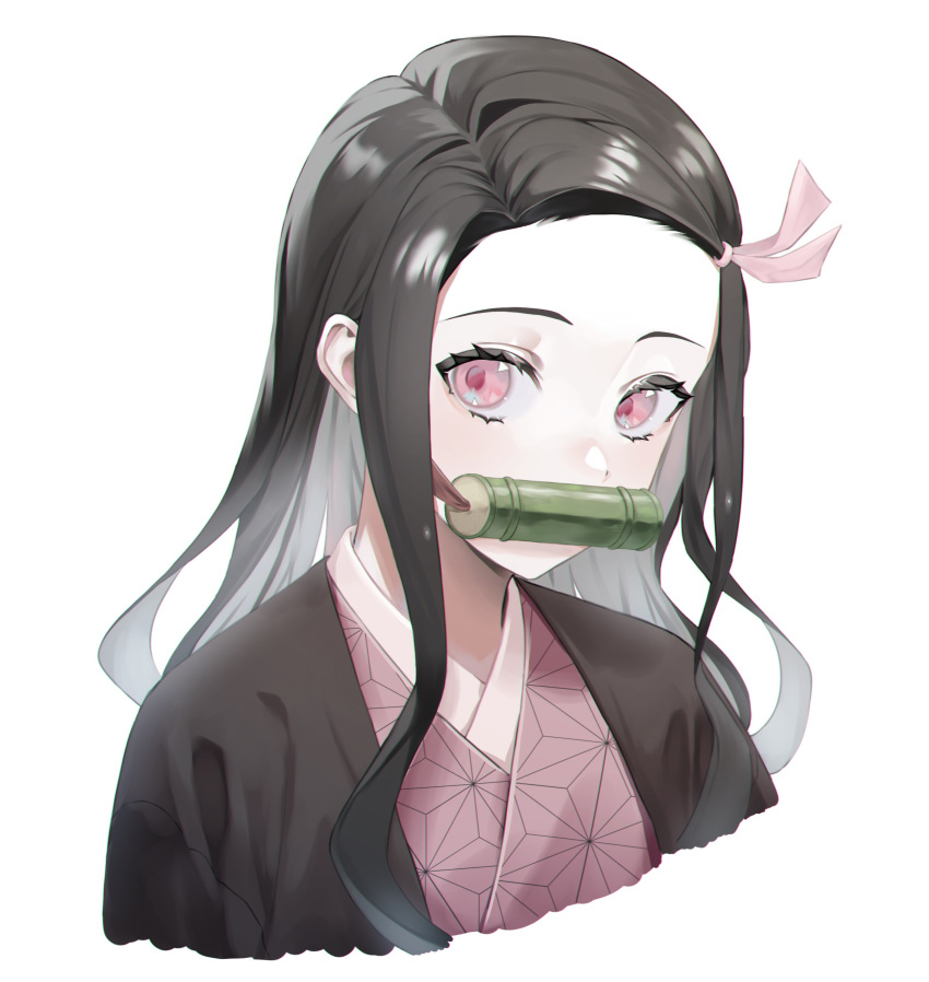 1girl, absurdres, bit_gag, black_hair, cropped_torso, gag, hair_ribbon, highres, japanese_clothes, kamado_nezuko, kimetsu_no_yaiba, kimono, long_hair, looking_at_viewer, multicolored_hair, pink_eyes, pink_kimono, pink_ribbon, pommm_pomemen04, print_kimono, ribbon, shiny, shiny_hair, silver_hair, simple_background, solo, two-tone_hair, upper_body, white_background