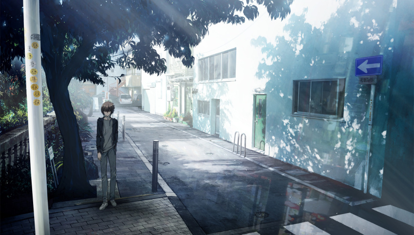 1boy, alternate_costume, bangs, bicycle_rack, black_jacket, brick_floor, brown_hair, building