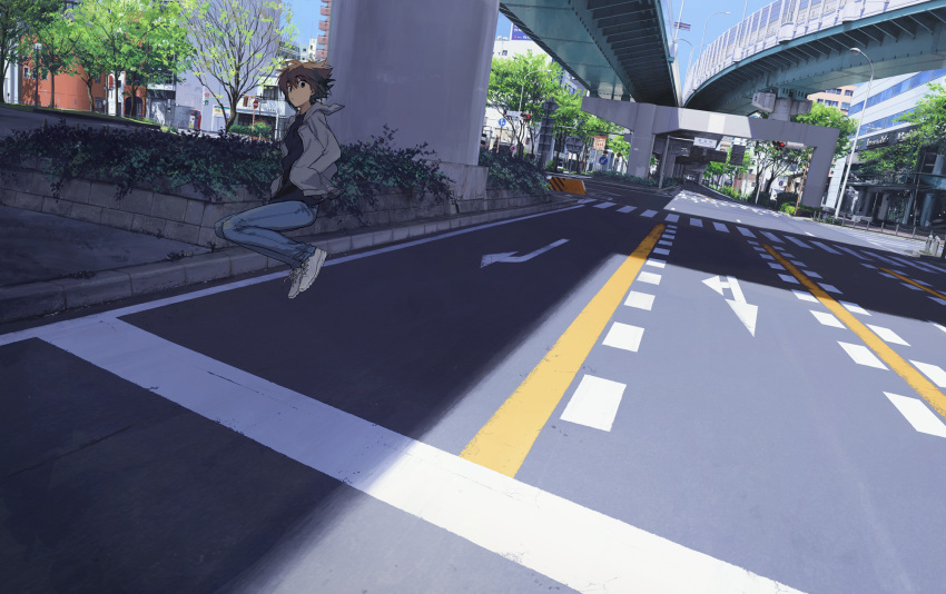 1boy, arrow_(symbol), bangs, black_shirt, blue_pants, blue_sky, bridge, brown_eyes, brown_hair, building, city, closed_mouth, commentary_request, day, full_body, grey_jacket, hazard_stripes, highres, jacket, lamppost, looking_at_viewer, moribuden, multicolored_hair, no_entry_sign, no_parking_sign, outdoors, pants, road, road_sign, scenery, shirt, shoes, short_hair, sign, sky, sneakers, solo, straight_or_right_turn_sign, traffic_light, tree, two-tone_hair, white_footwear, yu-gi-oh!, yu-gi-oh!_gx, yuuki_juudai