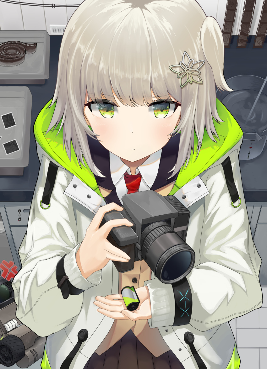 1girl, absurdres, arknights, camera, desk, film_cartridge, film_strip, highres