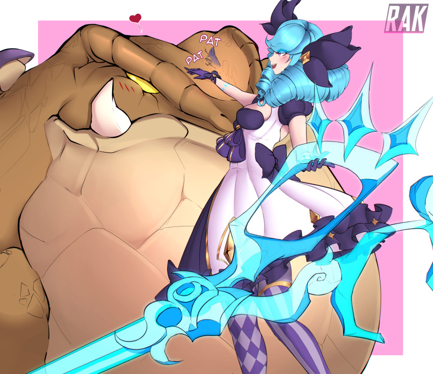 1girl, absurdres, afterimage, animal, artist_name, blue_hair, blush, border, bow, checkered, checkered_legwear, closed_mouth, dress, drill_hair, english_text, eyebrows_visible_through_hair, eyes_visible_through_hair, fang, fang_out, frilled_dress, frills, frog, gloves, gromp, gwen_(league_of_legends), heart, highres, holding, holding_scissors, holding_weapon, league_of_legends, light_blue_hair, long_hair, mushroom, open_mouth, oversized_animal, oversized_object, petting, pink_eyes, puffy_sleeves, purple_bow, purple_gloves, purple_legwear, rak-art, scissors, smile, standing, striped, striped_legwear, teeth, thigh-highs, twintails, upper_teeth, weapon, white_border, white_dress, yellow_eyes