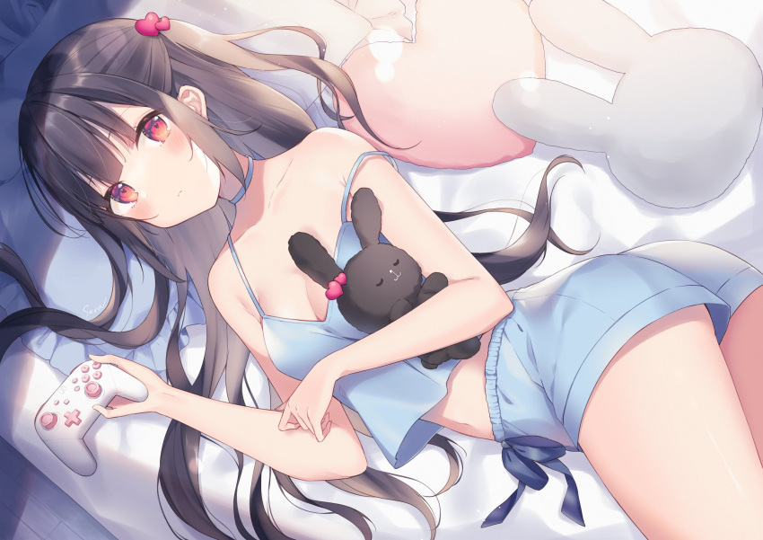 1girl, bangs, black_hair, blue_sky, blush, breasts, bunny_pillow, camisole