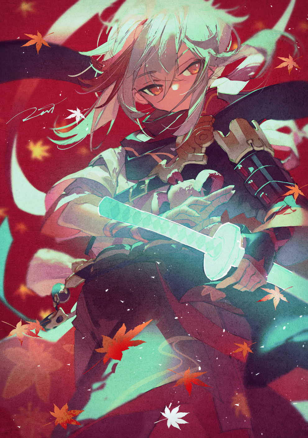 1boy, armor, genshin_impact, highres, japanese_armor, kazuha_(genshin_impact), leaf, potg_(piotegu)