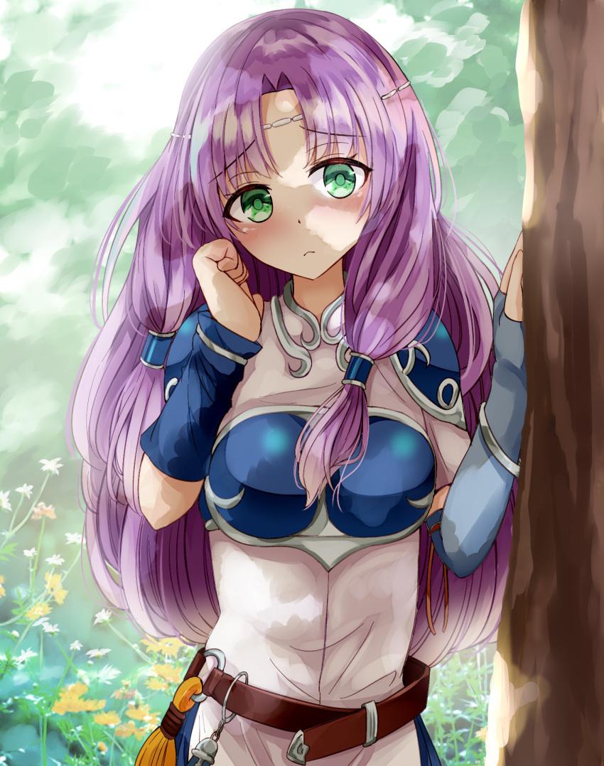 1girl, armor, bangs, belt, blush, breastplate, circlet, dress, eyebrows_visible_through_hair, fire_emblem, fire_emblem:_the_blazing_blade, florina_(fire_emblem), flower, green_eyes, hair_ornament, highres, izuminomitsuba, long_hair, looking_at_viewer, outdoors, parted_bangs, purple_hair, shoulder_armor, solo, tree, white_dress