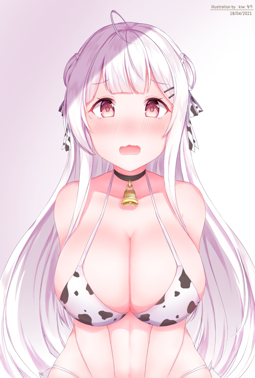 1girl, 2021, animal_print, artist_name, azur_lane, bell, bikini, black_choker, blush, bottle, breasts, choker, cow_girl, cow_print, cowbell, cygnet_(azur_lane), gradient, gradient_background, hair_ribbon, highres, kiw_kiu, large_breasts, long_hair, looking_at_viewer, milk_bottle, open_mouth, oppai_loli, print_bikini, red_eyes, ribbon, simple_background, solo, swimsuit, upper_body, v_arms, white_hair