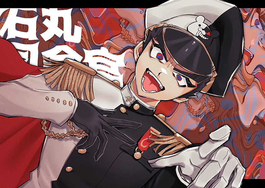 bangs, black_gloves, black_hair, black_headwear, black_jacket, blue_eyes, buttons, commentary_request