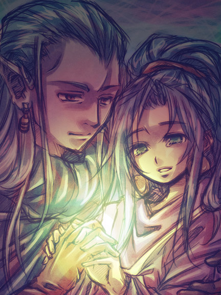 blue_hair, brother_and_sister, chrono_trigger, earrings, female, green_eyes, hand_holding, happy