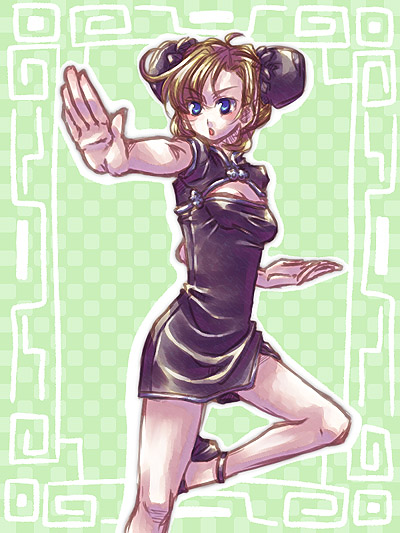 ayla, blonde_hair, blue_eyes, bun_cover, chinadress, chinese_clothes, chrono_trigger, double_buns