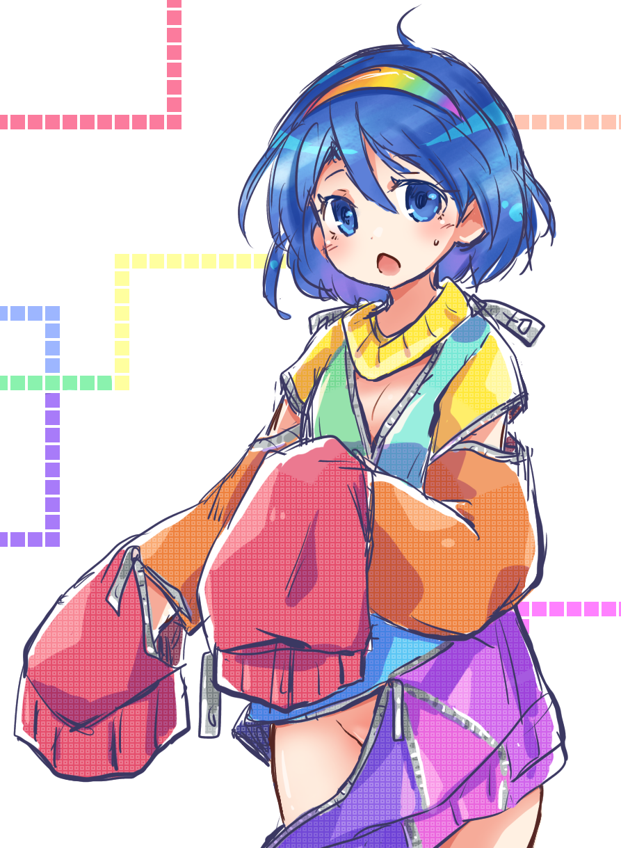 1girl, bangs, blue_dress, blue_eyes, blue_hair, dress, eyebrows_visible_through_hair, hair_between_eyes, hairband, hands_up, highres, looking_at_viewer, multicolored, multicolored_clothes, multicolored_dress, multicolored_hairband, no_panties, open_mouth, orange_dress, pink_dress, pote_(ptkan), purple_dress, rainbow_gradient, red_dress, red_square, short_hair, simple_background, solo, square, standing, tenkyuu_chimata, touhou, unconnected_marketeers, white_background, yellow_dress