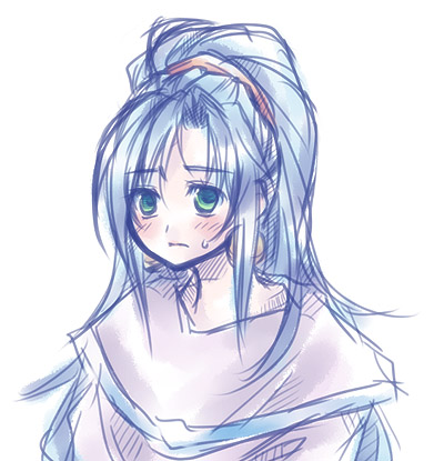 blue_hair, blush, chrono_trigger, earrings, female, green_eyes, imoyama, long_hair