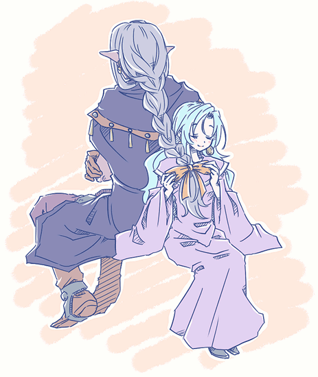 blue_hair, braid, brother_and_sister, chrono_trigger, dress, closed_eyes, female, grey_hair, imoyama, long_hair, magus, male, orange_ribbon, ribbon, schala_zeal, siblings, single_braid, sitting