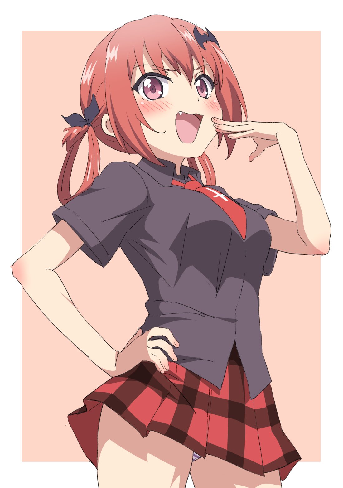 1girl, bangs, blush, breasts, fang, gabriel_dropout, hair_rings, hand_on_hip