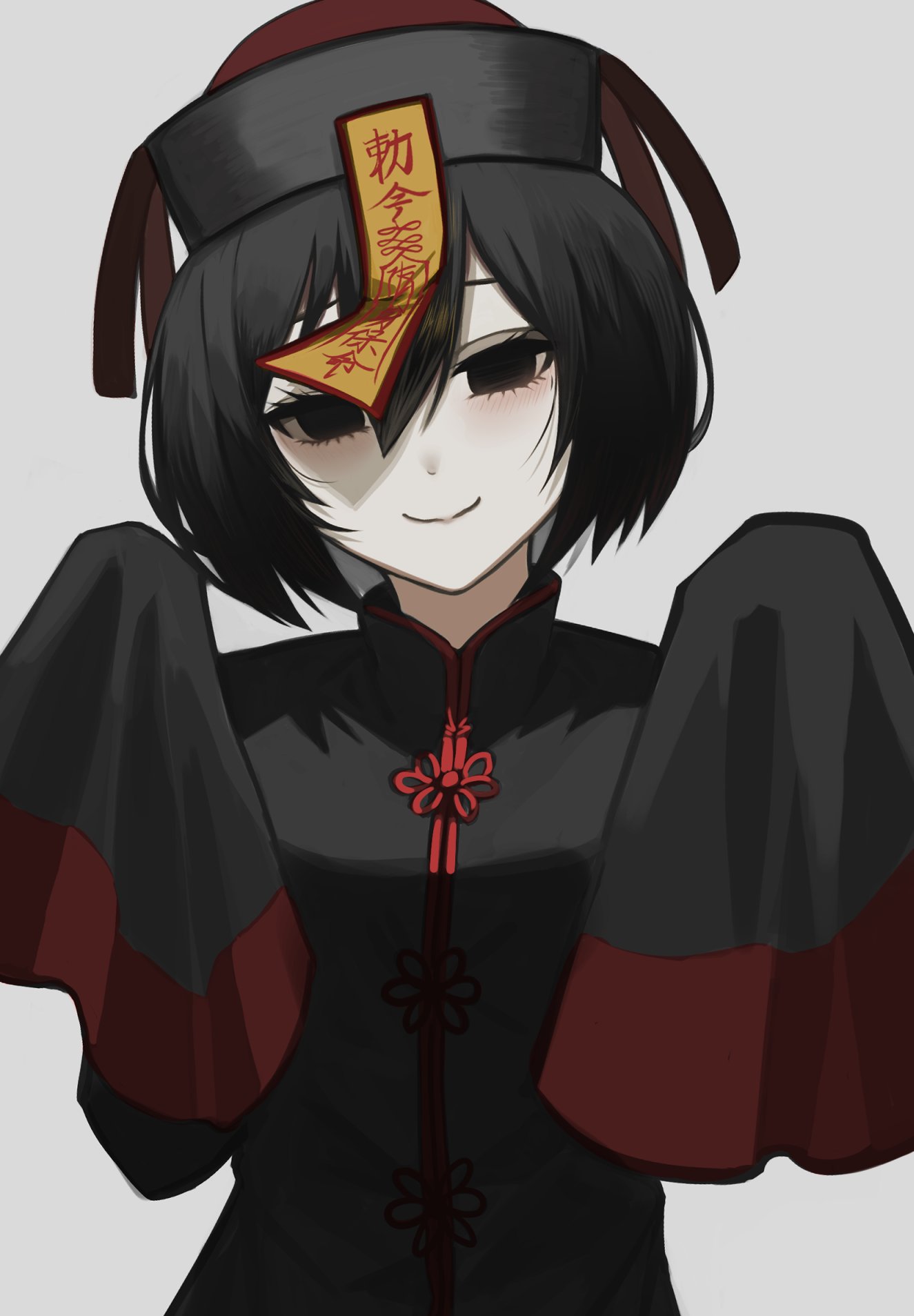 1girl, bangs, black_dress, black_hair, black_headwear, blush, bob_cut, chinese_clothes