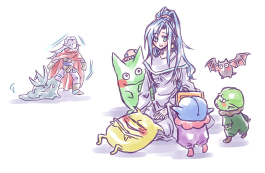 bat, blue_hair, cape, chrono_trigger, dress, female, green_eyes, imoyama