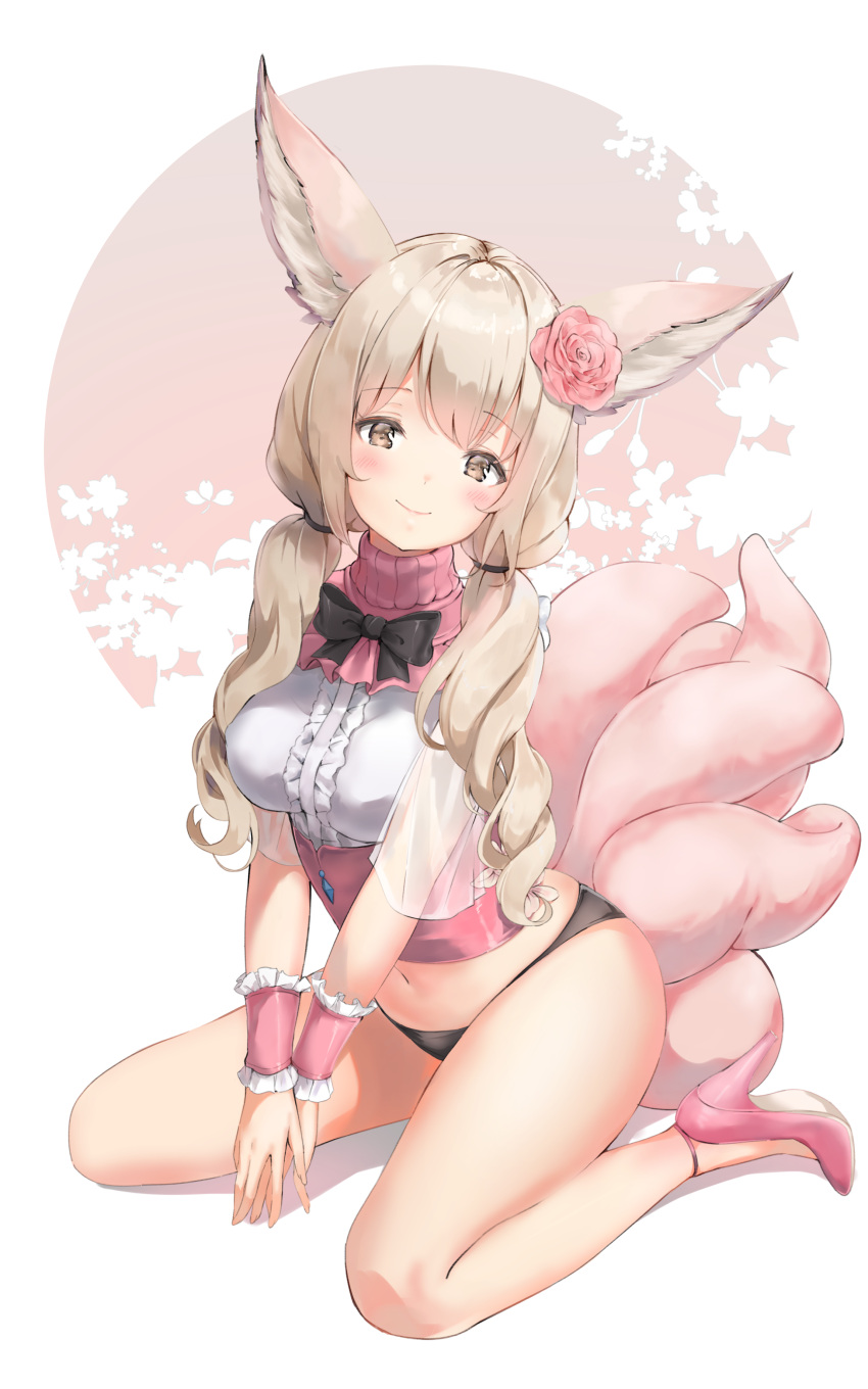 1girl, absurdres, animal_ear_fluff, animal_ears, black_panties, blade_&amp;_soul, breasts, brown_eyes, brown_hair, flower, fox_ears, fox_tail, hair_flower, hair_ornament, hands_together, high_heels, highres, keibeam, legs, long_hair, low_twintails, lyn_(blade_&amp;_soul), multiple_tails, navel, no_pants, panties, red_footwear, rose, shirt, shoes, sitting, smile, solo, tail, thighs, twintails, underwear, v_arms, white_shirt, wrist_cuffs