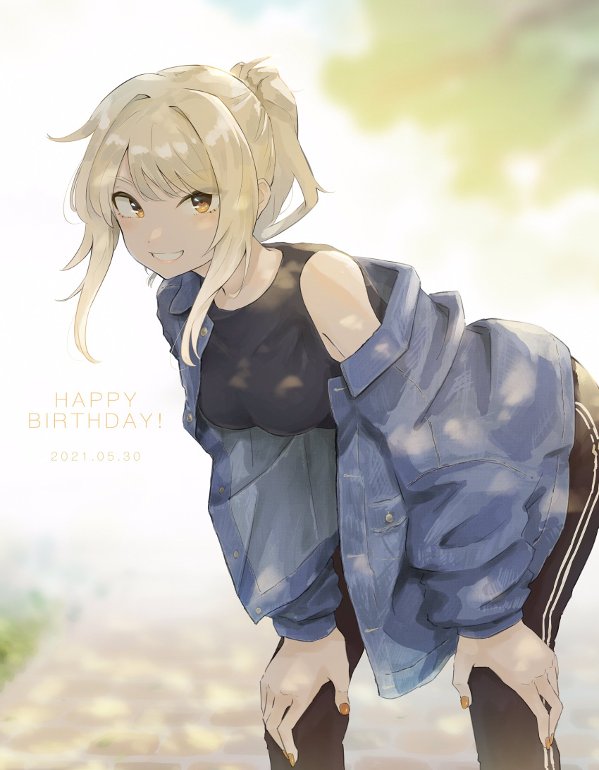 1girl, absurdres, bangs, black_pants, blonde_hair, dated, denim, denim_jacket