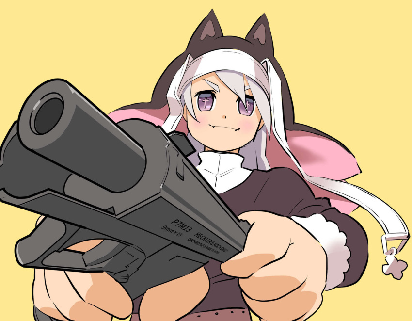 1girl, amehashi_(vdde3724), animal_ears, cat_ears, commentary_request, cross, dress, girls_frontline, gun, h&amp;k_p7, habit, handgun, highres, holding, holding_gun, holding_weapon, long_hair, long_sleeves, looking_at_viewer, nun, p7_(girls_frontline), racking_slide, silver_hair, smile, solo, symbol-shaped_pupils, trigger_discipline, violet_eyes, weapon, yellow_background