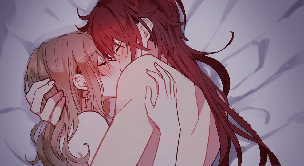 1boy, 1girl, bangs, bare_arms, bare_back, bare_shoulders, bed_sheet, blonde_hair