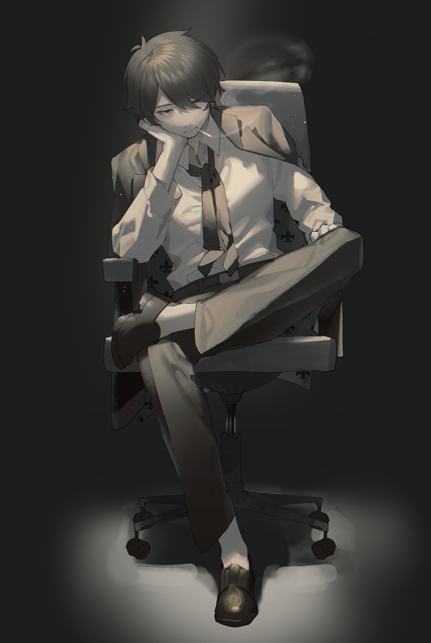 1boy, arm_support, belt, black_hair, chair, character_request, cigarette, collared_shirt
