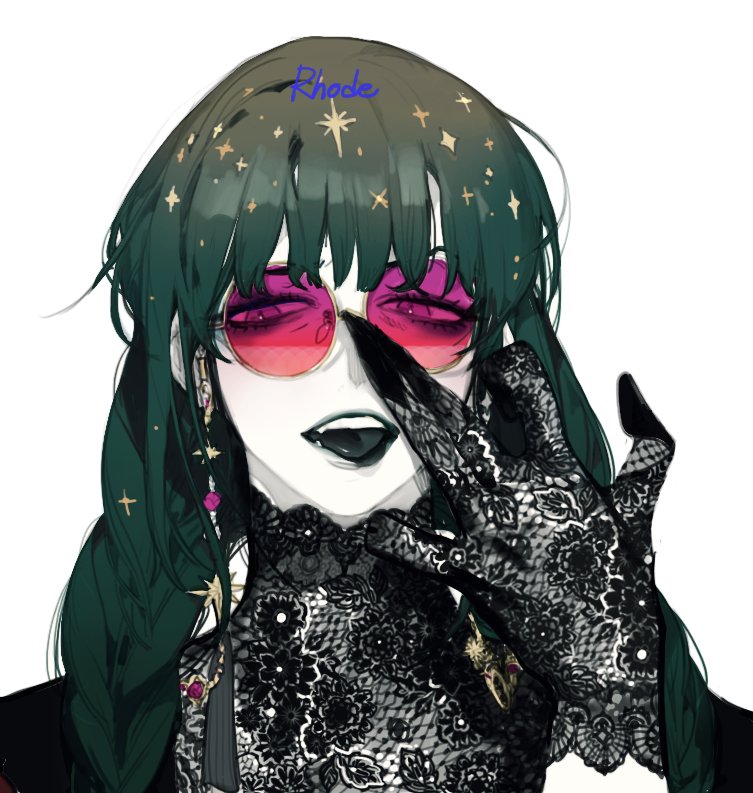 1girl, bangs, black_tongue, blunt_bangs, gloves, hand_up, lace, lace_dress