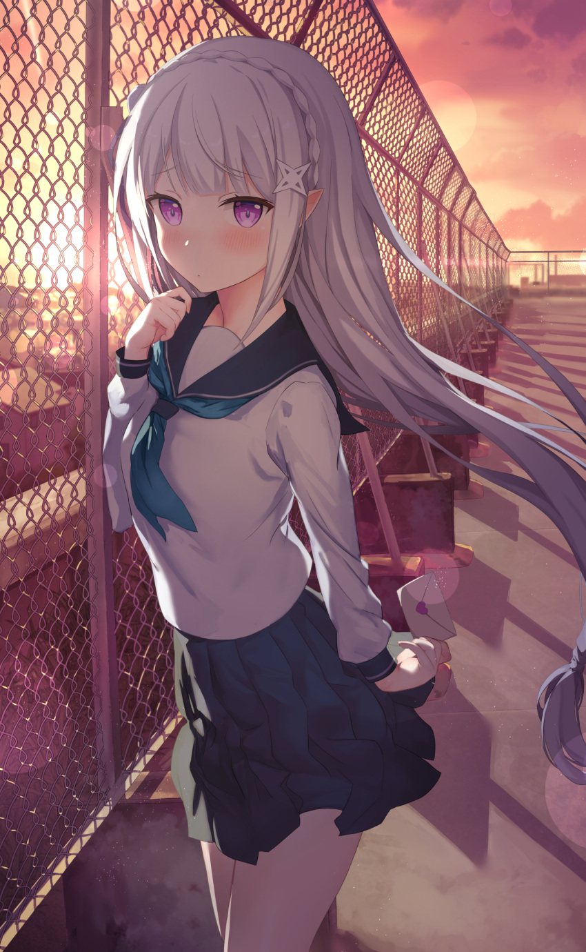 1girl, absurdres, backlighting, blush, braid, clouds, cloudy_sky, commentary_request