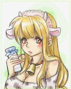 arc_the_lad, arc_the_lad_ii, bell, blonde_hair, blush, bottle, collar, cow_bell